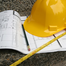 Floor Plan, Pencil, Tape messure and Hard hat